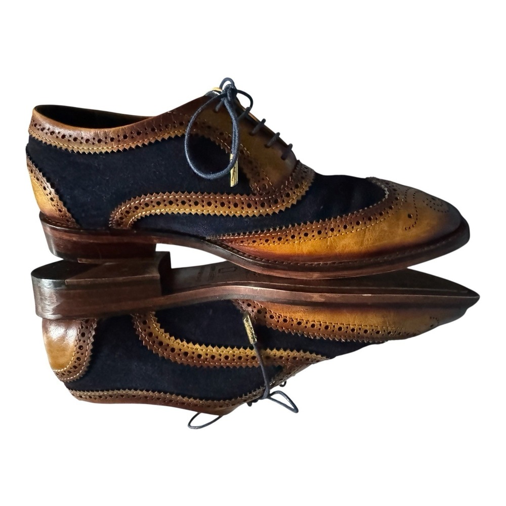 Lethato Wing Tip Oxford Brogue Shoes Men 9.5/10 Brown Navy Leather Lace Up - Picture 3 of 11